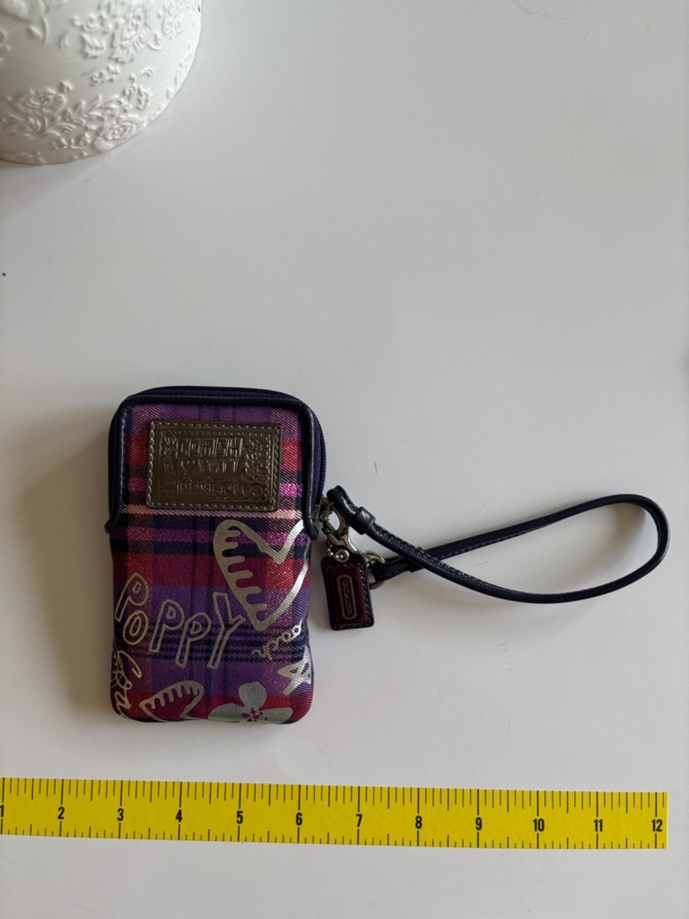 COACH ~ Hearts & Purple Poppy Wristlet Phone Pouch with Leather Strap & Trim